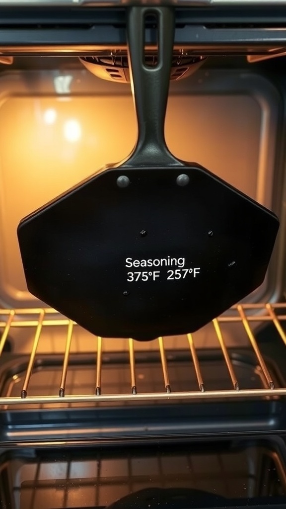 An iron skillet upside down in an oven, ready for seasoning.